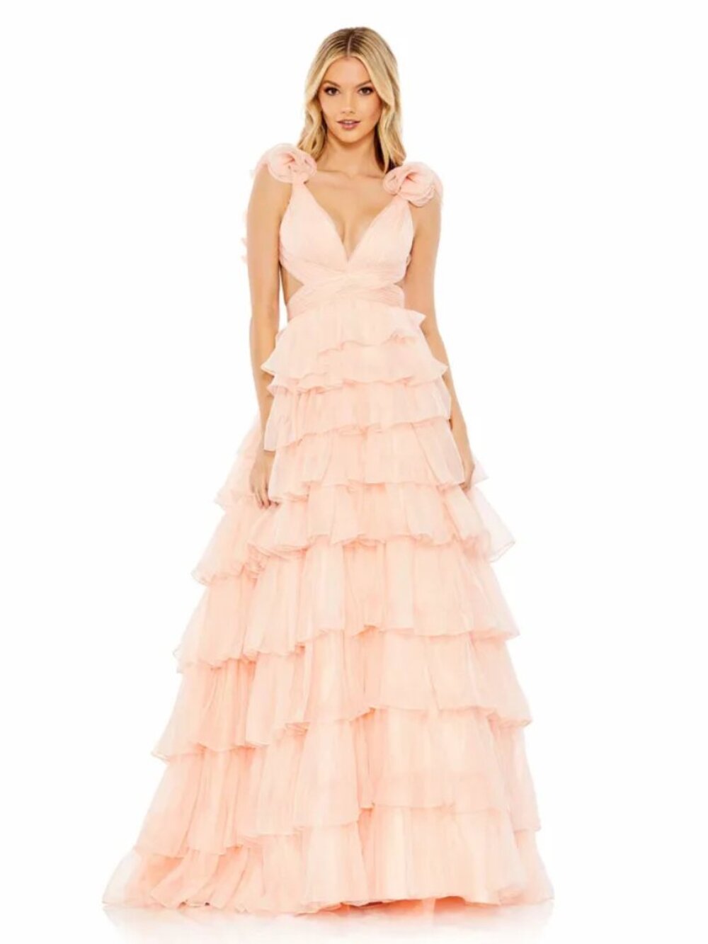 Mac Duggal Blush Ruffle Ball Gown Size 6 | Tiered Tulle Prom Evening Dress NWT